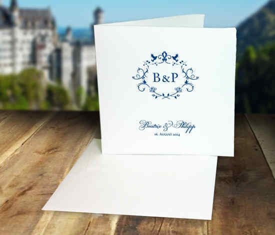 Hochzeitskarten aus handgeschöpftem Büttenpapier mit Hochzeitslogo-Druck