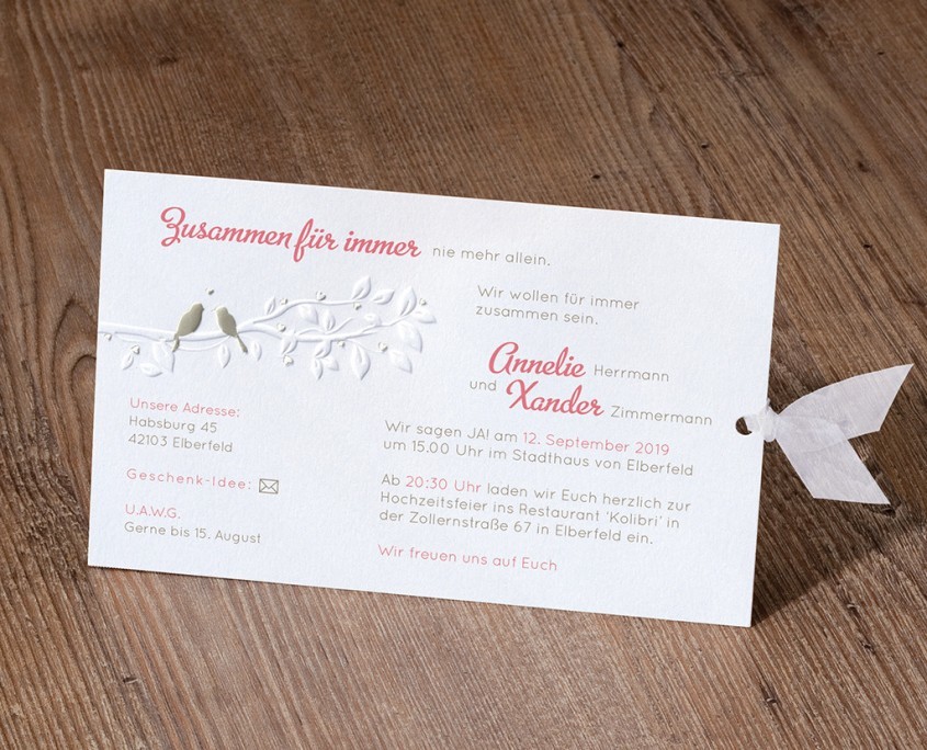 Einladungskarte, Vogelpaar, Einladungstext, Hochzeitspapeterie gold