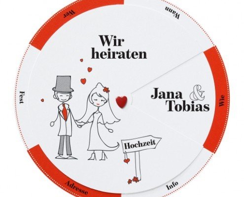 Hochzeitskarte "Glücksrad", liebevoll illustriertes Comicbrautpaar, Hochzeitskarten Comic