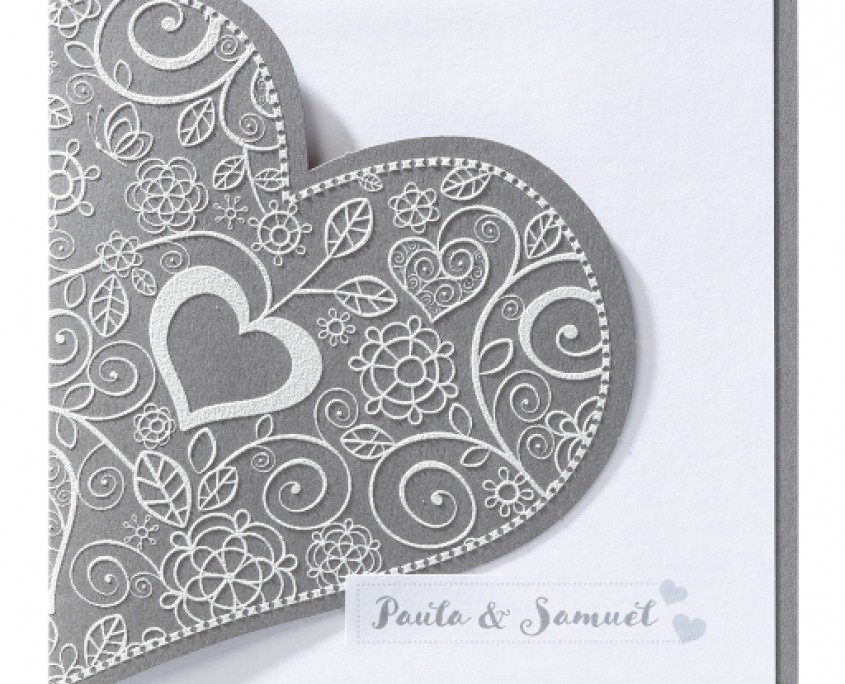klassische Hochzeitskarte "Silbernes Herz", Titelseite, Hochzeitskarten Herz