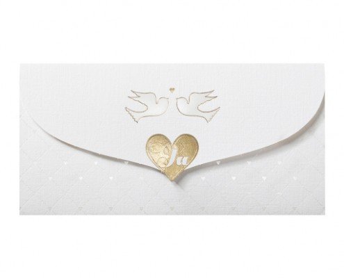 Hochzeitskarte "Ja" mit goldenem Herz und zwei Tauben, Hochzeitskarten Kuvert