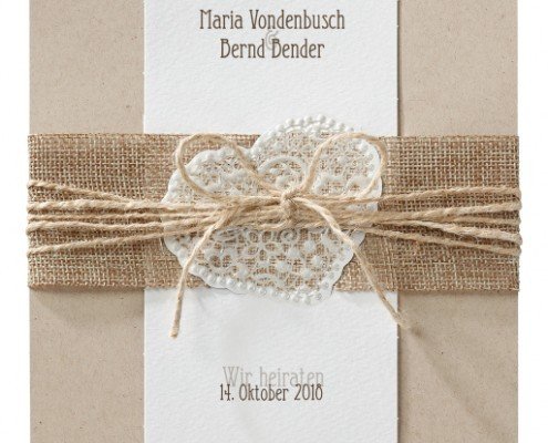 quadratische Klappkarte mit Band und Kordel, Hochzeitskarten Naturpapier