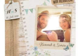 "Flitterwochen Vorfreude" – Moderne Hochzeitseinladungen im Hippiestil in zarten Farben mit Kordel aus Aquarellkarton, Hochzeitspapeterie modern