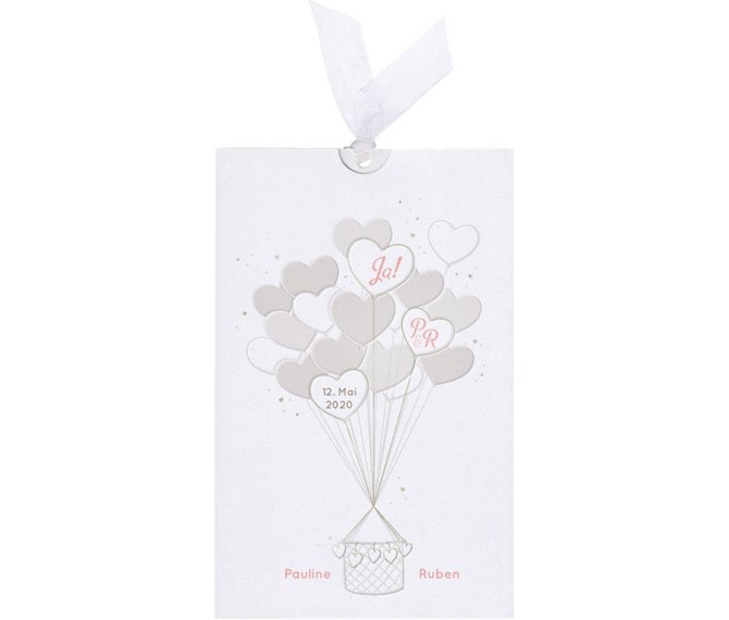 Hochzeitskarte "Heißluftballon", hochwertiger Perlmuttkarton mit elegantem Heißfolienprägedruck, Hochzeitskarten elegant