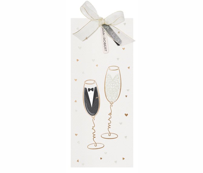 Ausgefallene Einschubkarte mit Heißfolienprägedruck Mr & Mrs Champagner, Hochzeitskarten online