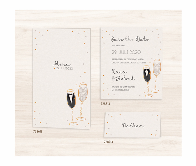 Mr & Mrs Champagner Tisch-, Menü- und Platzkarten, kreative Hochzeitskarten