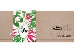 fröhliche Hochzeitseinladung mit tropischen Blumen, Lederband, rundem Kärtchen und Wickel, Hochzeitskarten floral
