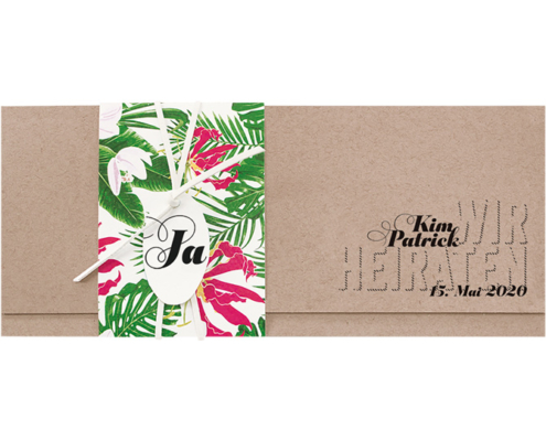 fröhliche Hochzeitseinladung mit tropischen Blumen, Lederband, rundem Kärtchen und Wickel, Hochzeitskarten floral