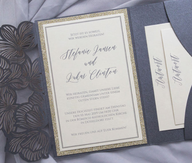 Hochzeitskarte "Black Beautyfeine", feine Typographie, Schwarz-Gold, Hochzeitskarten Lasercut