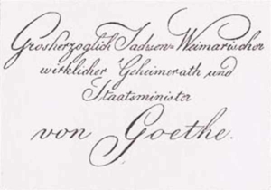 Visitenkarte Besuchskarte J. W. von Goethes