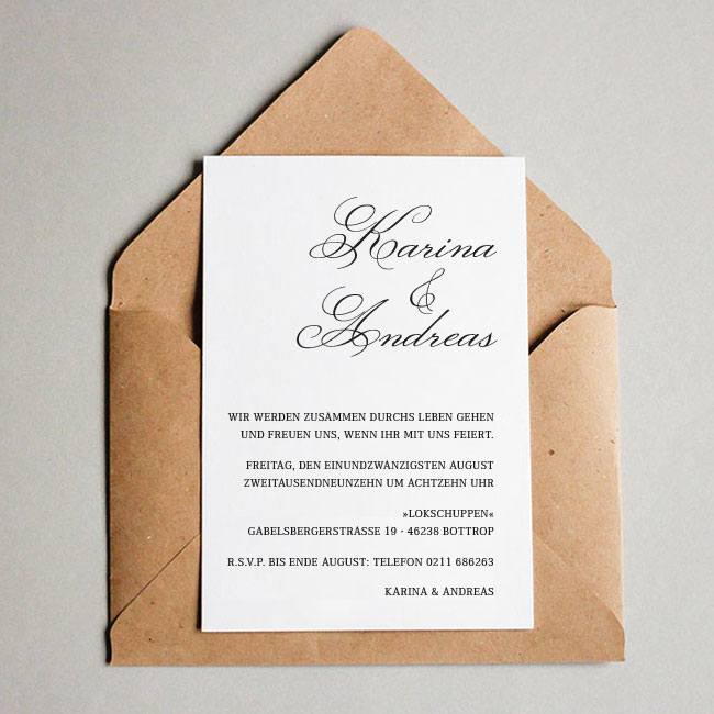 Hochzeitskarten Kraftpapier elegante Schrift Briefumschlag hochwertiger Karton